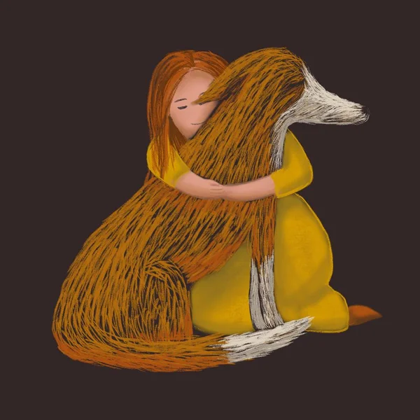 Digitális Vázlatos Ábrán Egy Vörös Kutya Átölelve Egy Nővel — Stock Fotó