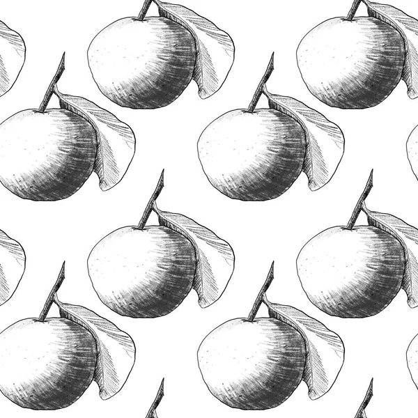 Seamless pattern: mandarins or apples, unique pencil drawings of fruits combined into beautiful compositions — Stock Photo, Image