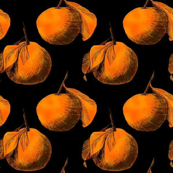 Seamless pattern: mandarins or apples, unique pencil drawings of fruits combined into beautiful compositions