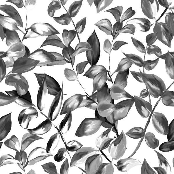 装饰树叶无缝图案的表面设计, 面料, 包装纸, 背景。抽象样式黑白例证。天然叶简单的可重复的主题 — 图库照片