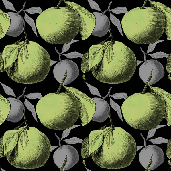 Seamless pattern: mandarins or apples, unique pencil drawings of fruits combined into beautiful compositions