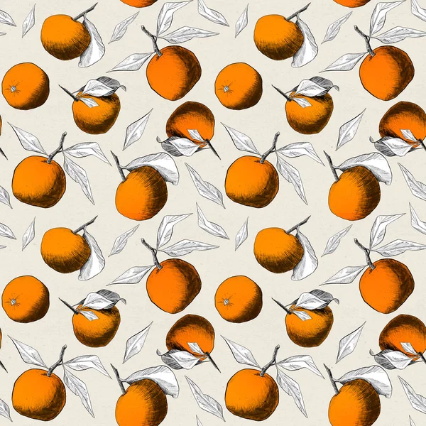 Безшовний візерунок: мандарини або яблука, унікальні малюнки олівців з фруктів і листя, об'єднані в красиві композиції — стокове фото