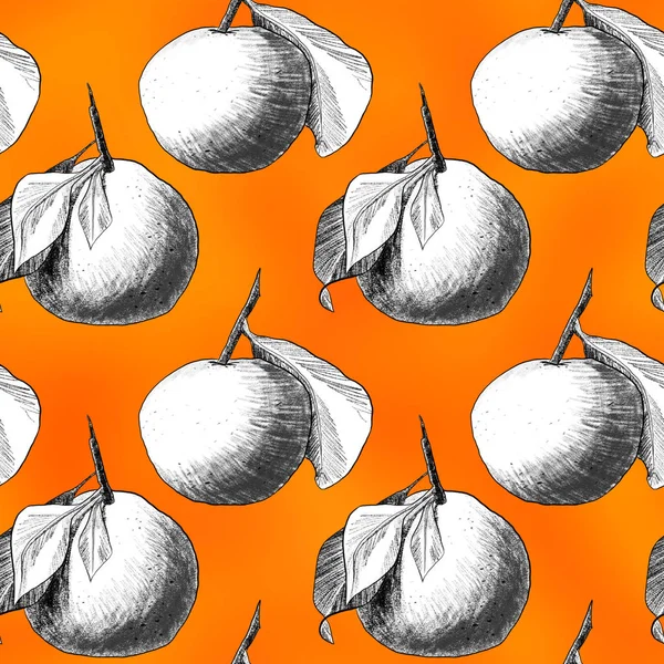 Безшовний візерунок: мандарини або яблука, унікальні малюнки олівців фруктів, об'єднані в красиві композиції — стокове фото