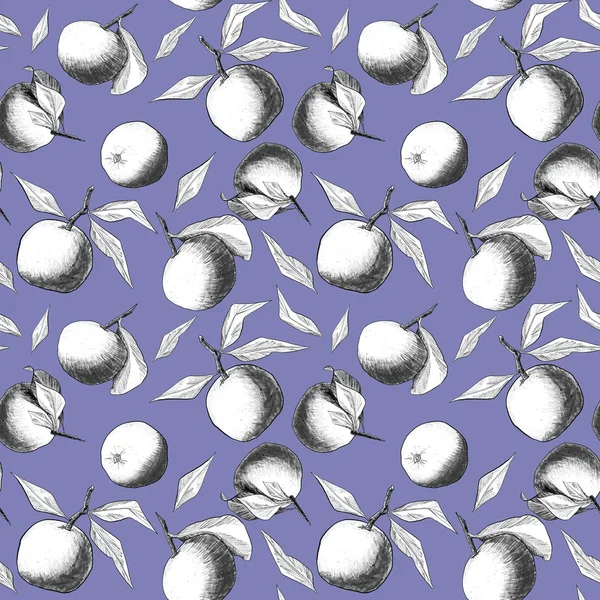 Seamless pattern: mandarins or apples, unique pencil drawings of fruits and leafs combined into beautiful compositions