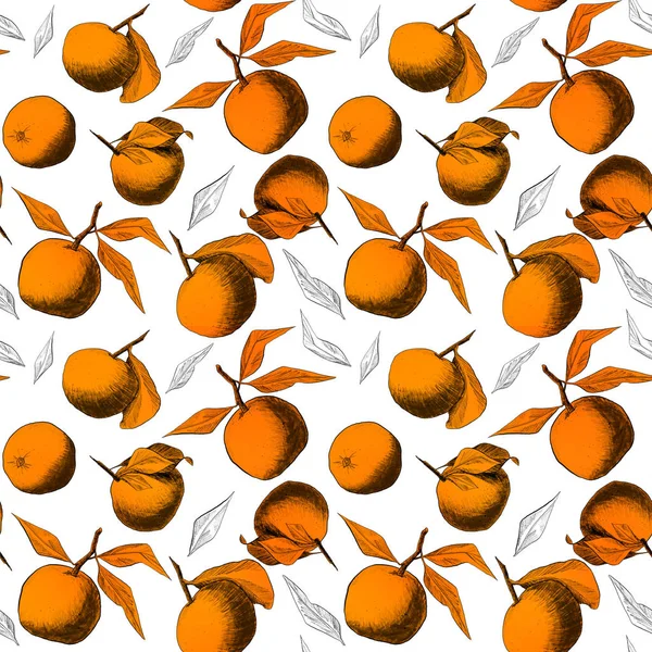 Seamless mönster: mandariner eller äpplen, unik penna ritningar av frukter och blad kombinerade in vackra kompositioner — Stockfoto