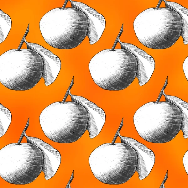 Seamless pattern: mandarins or apples, unique pencil drawings of fruits combined into beautiful compositions