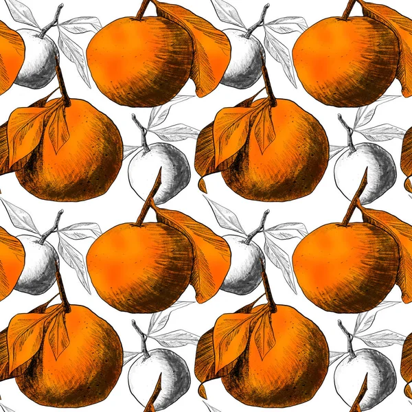 Motif sans couture : mandarines ou pommes, dessins au crayon uniques de fruits combinés dans de belles compositions — Photo