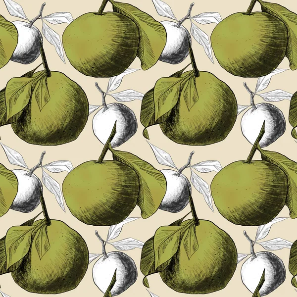 Seamless pattern: mandarins or apples, unique pencil drawings of fruits combined into beautiful compositions