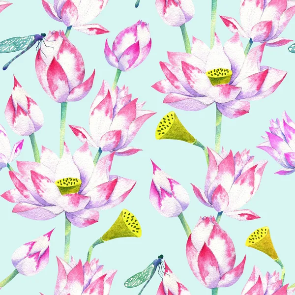 Kwiaty Kwiaty Lotosu Akwarela Bezszwowe Wzór Jasnym Tle — Zdjęcie stockowe