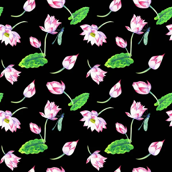 Blossoms and flowers of lotus watercolor seamless pattern — Stock Photo, Image