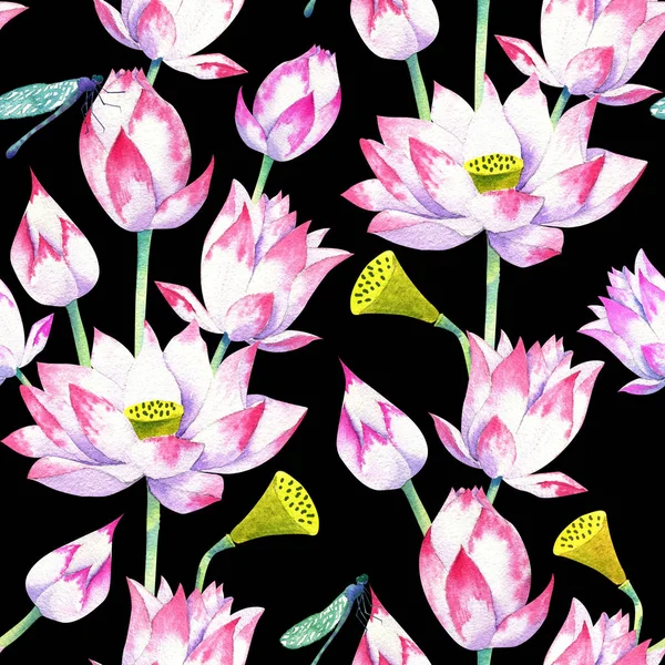 Bloesems en bloemen van lotus aquarel naadloze patroon — Stockfoto