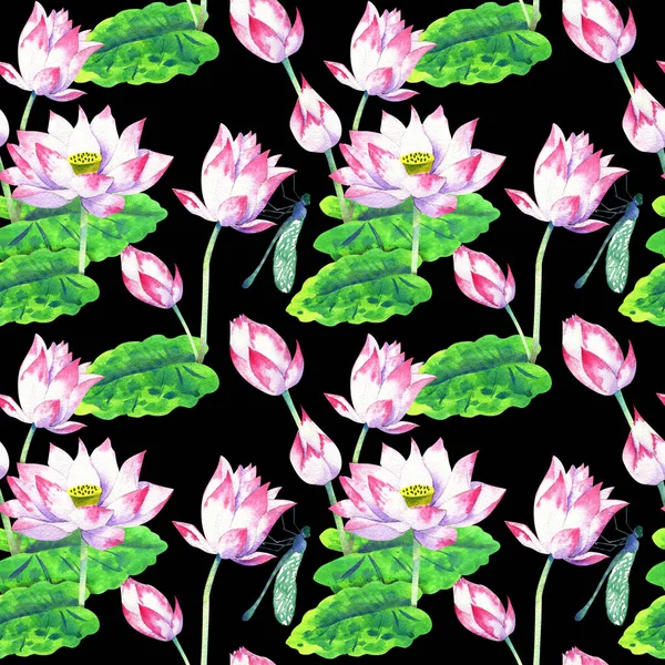 Bloesems en bloemen van lotus aquarel naadloze patroon — Stockfoto