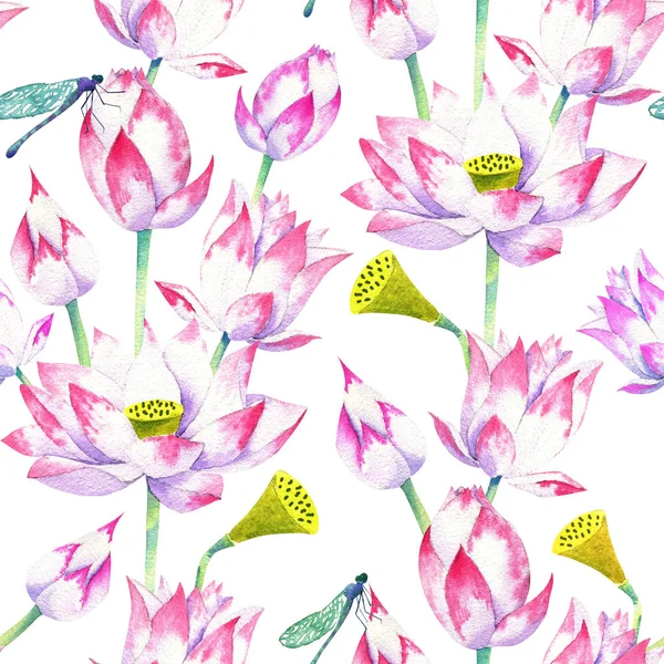 Bloesems en bloemen van lotus aquarel naadloze patroon — Stockfoto