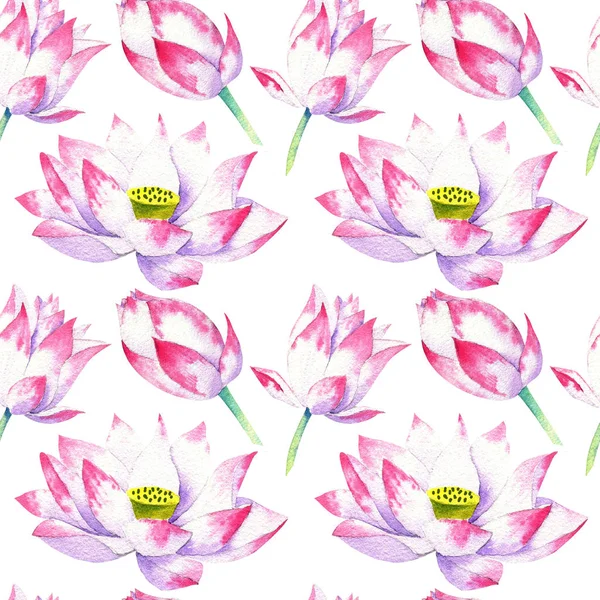 Bloesems en bloemen van lotus aquarel naadloze patroon — Stockfoto