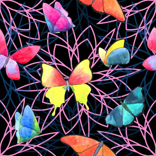 Acuarela Mariposa y mandala geométrica patrón inconsútil primavera sobre fondo negro — Foto de Stock
