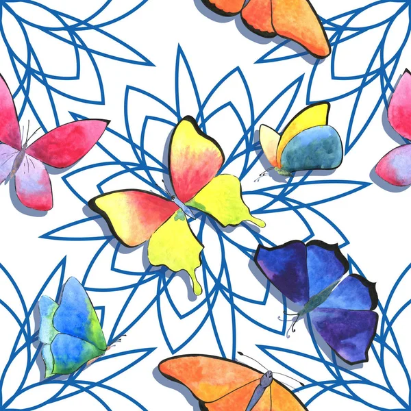 Acuarela Mariposa y mandala geométrica patrón inconsútil primavera sobre fondo blanco — Foto de Stock