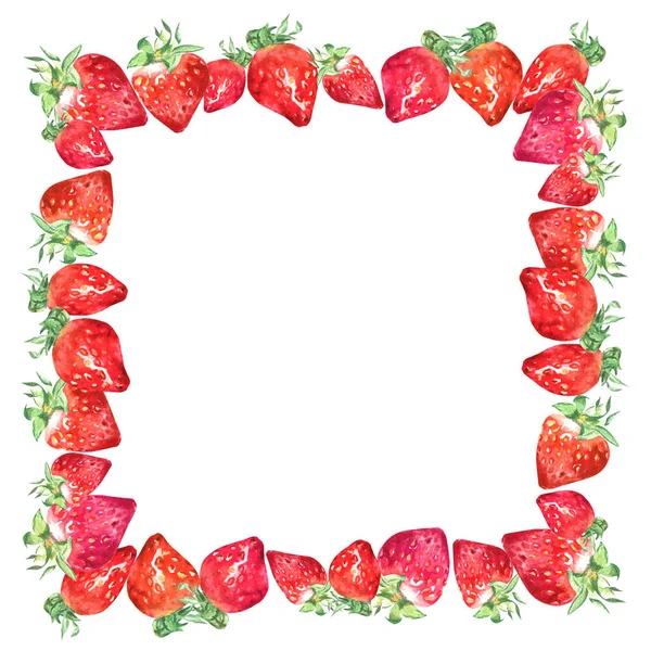 다채로운 손으로 그린 딸기의 그려진된 수채화 프레임 — 스톡 사진