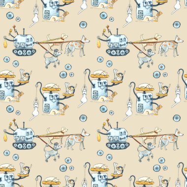 Evcil hayvanlar için boyalı modern robotlar ile Dikişsiz suluboya deseni. Gears, bilim, teknoloji, yaşam için gadgets