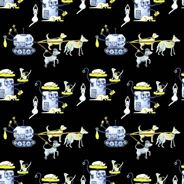 Seamless watercolor pattern with painted modern robots for pets. Gears, science, technology, gadgets for life — Stock Photo, Image