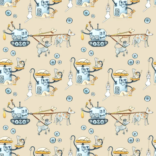 Seamless watercolor pattern with painted modern robots for pets. Gears, science, technology, gadgets for life