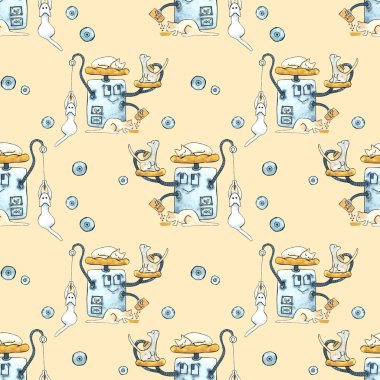 Evcil hayvanlar için boyalı modern robotlar ile Dikişsiz suluboya deseni. Gears, bilim, teknoloji, yaşam için gadgets