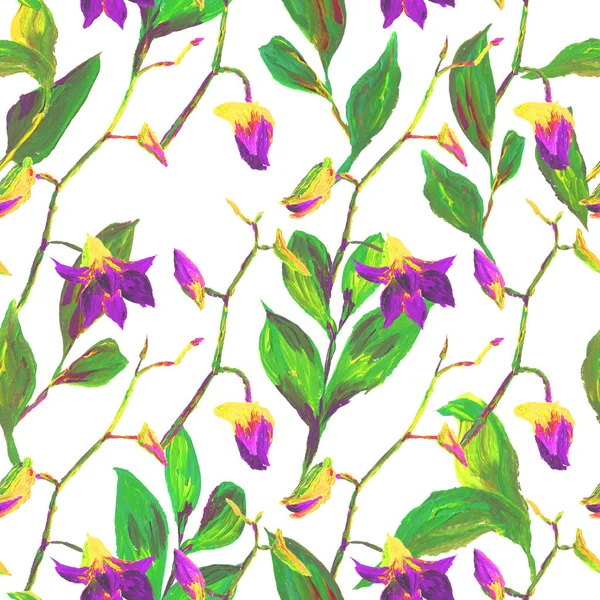 Τροπικό χωρίς ραφές εξωτικά floral μοτίβο μόδας-Ακρυλικό ζωγραφισμένο ορχιδέα λουλούδι — Φωτογραφία Αρχείου