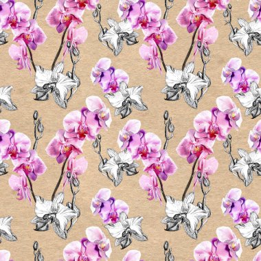 Kağıt dokulu arka planda el çizilmiş orkide ile Dikişsiz çiçek deseni