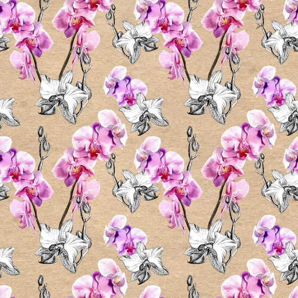 Naadloze bloemen patroon met de hand getekend orchideeën op papier textuur achtergrond — Stockfoto