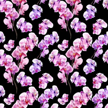 Siyah arka planda el çizilmiş orkide ile Dikişsiz çiçek deseni