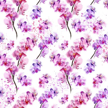 Beyaz arka planda el çizilmiş orkide ile Dikişsiz çiçek deseni