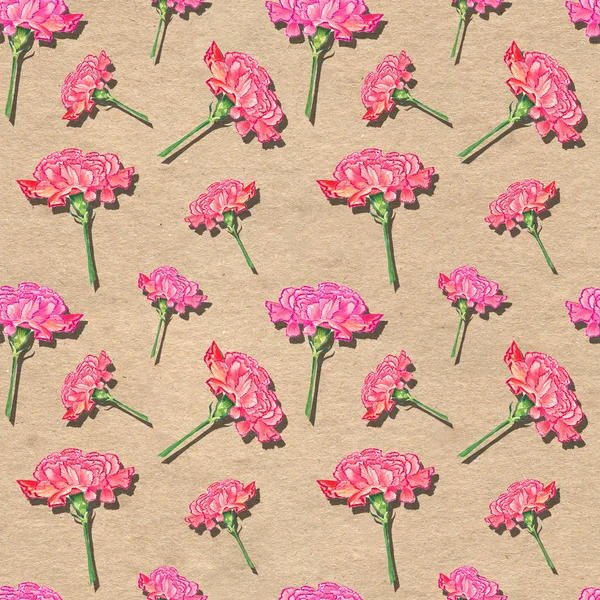 Carnation bloemen met slagschaduw effect op papier getextureerde achtergrond, aquarel hand getekende illustratie, naadloze patroon — Stockfoto