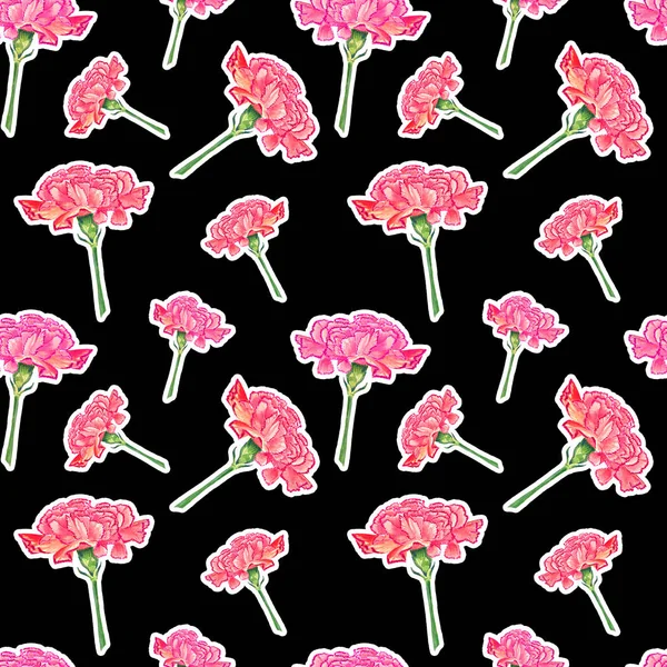 Carnation flowers with sticker effect on dark background, watercolor hand-drawn illustration, seamless pattern