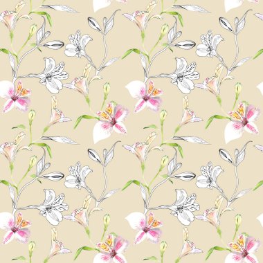 Dikişsiz çiçek deseni. Bej arka planda suluboya ve mürekkep grafik çiçekler ile Desen. Alstroemeria mı? Elle çizilmiş bitkiler ile dikişsiz desen. Bitkisel Botanik illüstrasyon.