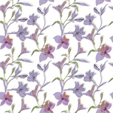 Seamless floral pattern. Pattern with watercolor and ink graphics flowers on white background with purple shades. Alstroemeria. Seamless pattern with hand drawn plants. Herbal Botanical illustration.