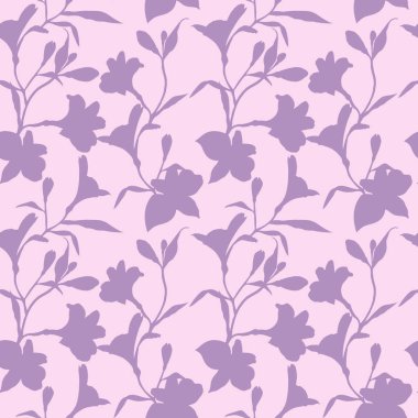 Dikişsiz çiçek deseni. Pembe arka plan üzerinde mor Siluet grafik çiçekler ile Desen. Alstroemeria mı? Elle çizilmiş bitkiler ile dikişsiz desen. Bitkisel Botanik illüstrasyon.