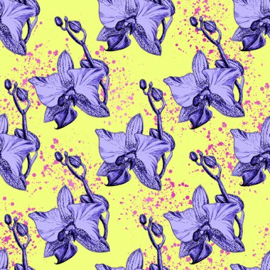 Sarı arka planda el çizilmiş orkide ile Dikişsiz çiçek deseni