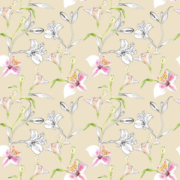 Naadloze bloemmotief. Patroon met aquarel en inkt graphics bloemen op beige achtergrond. Alstroemeria. Naadloos patroon met hand getekende planten. Kruiden botanische illustratie. — Stockfoto