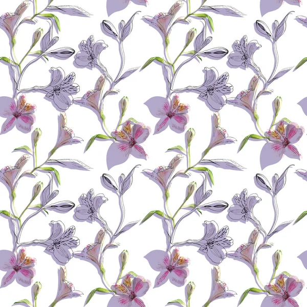 シームレスな花柄。紫色の色合いの白い背景に水彩画とインクグラフィックスの花を持つパターン。アルストロエメリア手描きの植物とのシームレスなパターン。ハーブ植物イラスト. — ストック写真