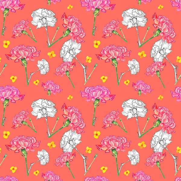 Nejlika och Butter Cup blommor på Living Coral bakgrund, blandning av akvarell och bläck grafik handritade illustration, sömlösa mönster — Stockfoto