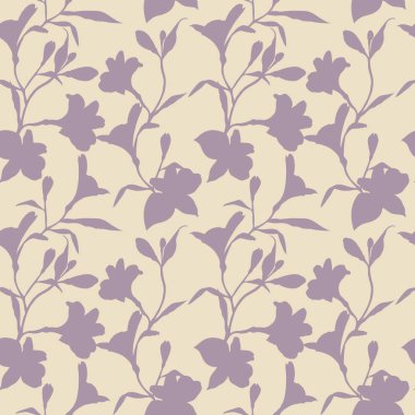 Dikişsiz çiçek deseni. Bej arka planda mor Siluet grafik çiçekler ile Desen. Alstroemeria mı? Elle çizilmiş bitkiler ile dikişsiz desen. Bitkisel Botanik illüstrasyon.