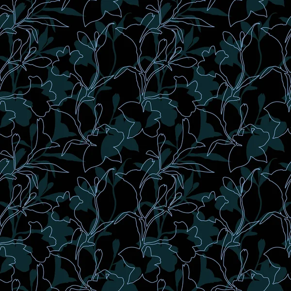 无缝的花卉图案。图案与蓝色剪影图形花在黑色背景。阿尔斯特罗梅里亚无缝图案与手绘植物。草药植物插图. — 图库照片
