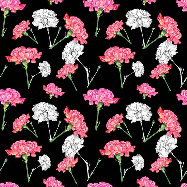 Carnation flowers on dark background, mixture of watercolor and ink graphics hand-drawn illustration, seamless pattern — Stock Photo, Image