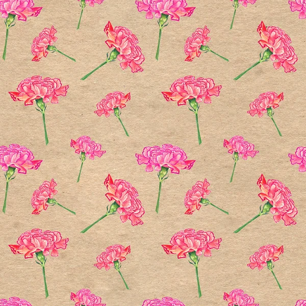 Carnation flowers on paper textured background, watercolor hand-drawn illustration, seamless pattern — Stock Photo, Image