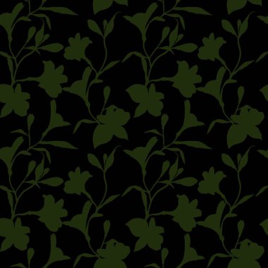 Seamless floral pattern. Pattern with green Silhouette graphics flowers on black background. Alstroemeria. Seamless pattern with hand drawn plants. Herbal Botanical illustration.