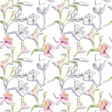 Seamless floral pattern. Pattern with watercolor and ink graphics flowers on white background with purple shades. Alstroemeria. Seamless pattern with hand drawn plants. Herbal Botanical illustration.