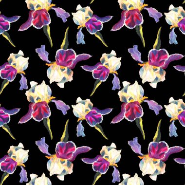 Siyah arka plan üzerinde irises boyalı yağ ile Çiçek dikişsiz desen