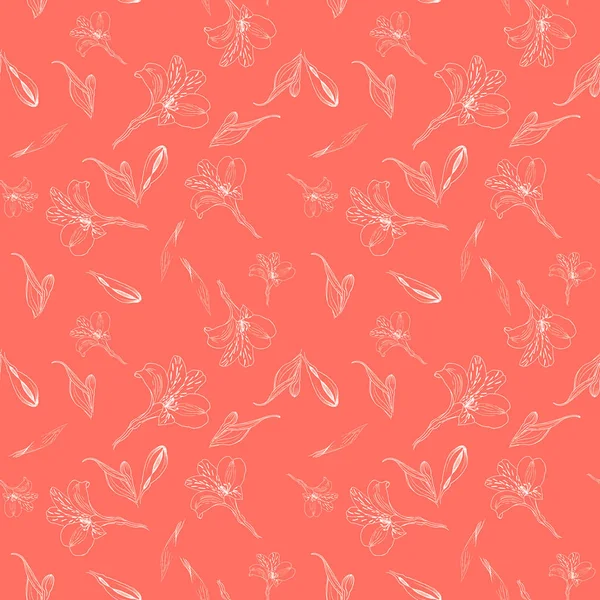 Naadloze bloemmotief. Patroon met witte afbeeldingen bloemen op levende koraal achtergrond. Alstroemeria. Naadloos patroon met transparante hand getekende planten. Kruiden botanische illustratie. — Stockfoto