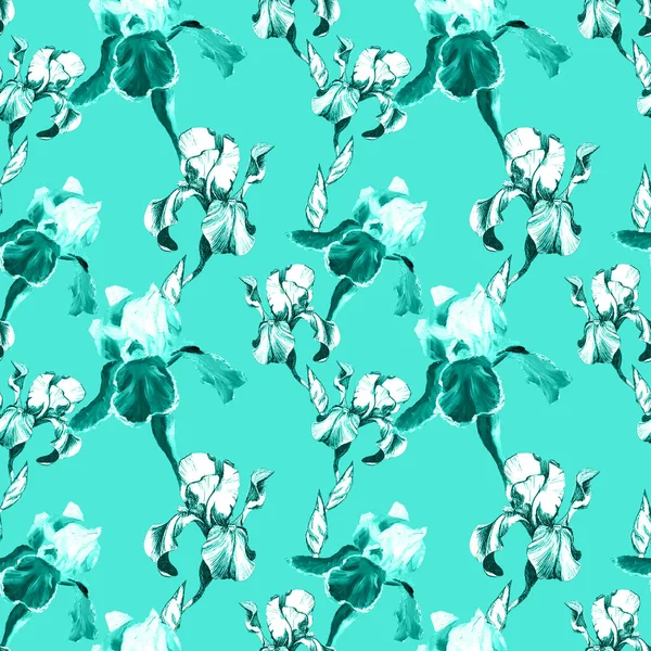 Motif floral sans couture avec des fleurs d'iris à l'encre blanche dessinées à la main sur fond turquoise. Fleurs alignées dans une séquence harmonieuse sans inhibition — Photo