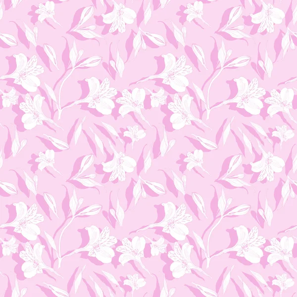 Seamless floral pattern. Pattern with white graphics flowers on pink background with bright shades. Alstroemeria. Seamless pattern with hand drawn plants. Herbal Botanical illustration. — Stock Photo, Image