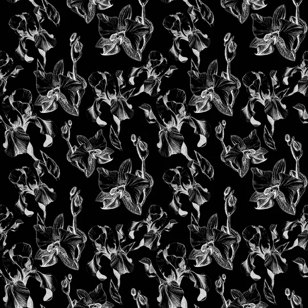 Floral seamless pattern with hand drawn ink iris and orchid flowers on black background. Flowers lined up in harmonious uninhibited sequence — Stock Photo, Image